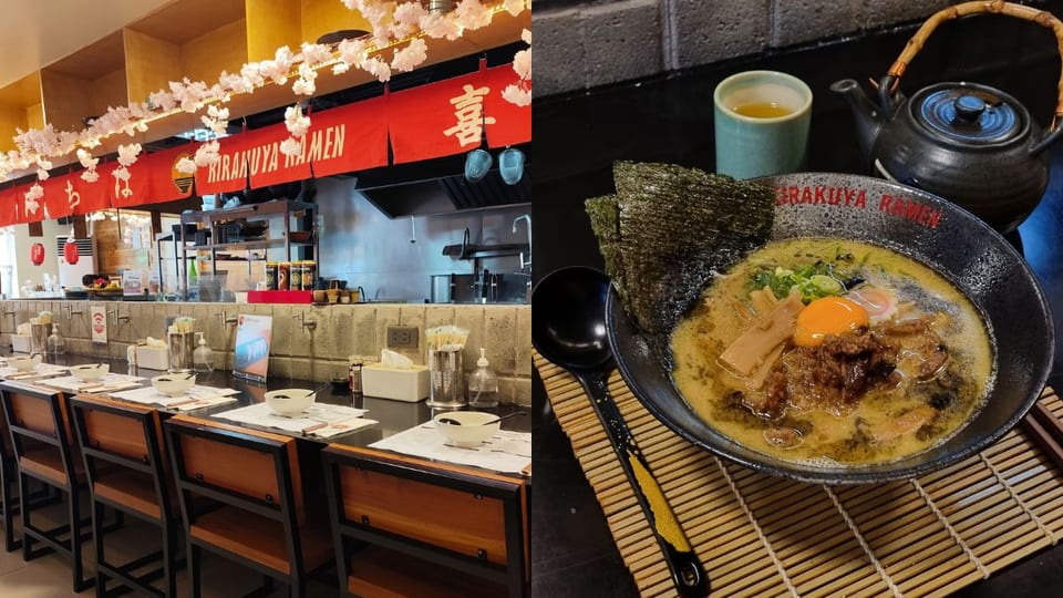 left: interior view of kirakuya ramen; right: bestselling dish from kirakuya ramen